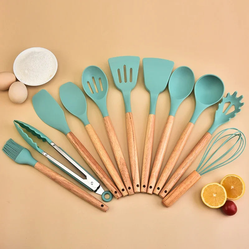 12Pcs Silicone Kitchen Utensils with Set Storage Bucket