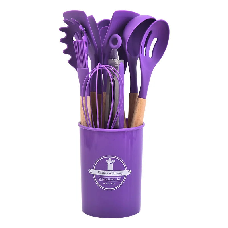 12Pcs Silicone Kitchen Utensils with Set Storage Bucket