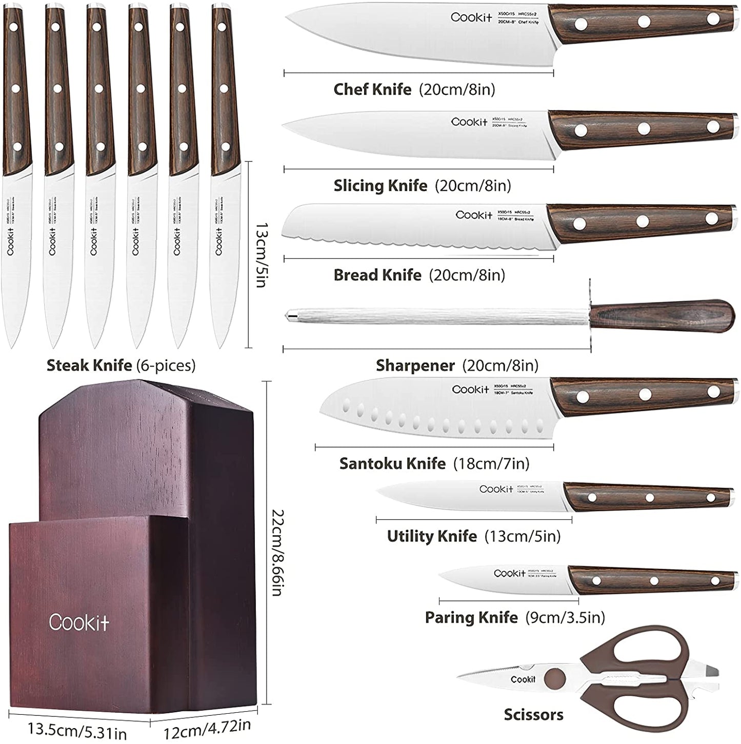 15 Piece Stainless Steel Serrated Knives Sets with Block