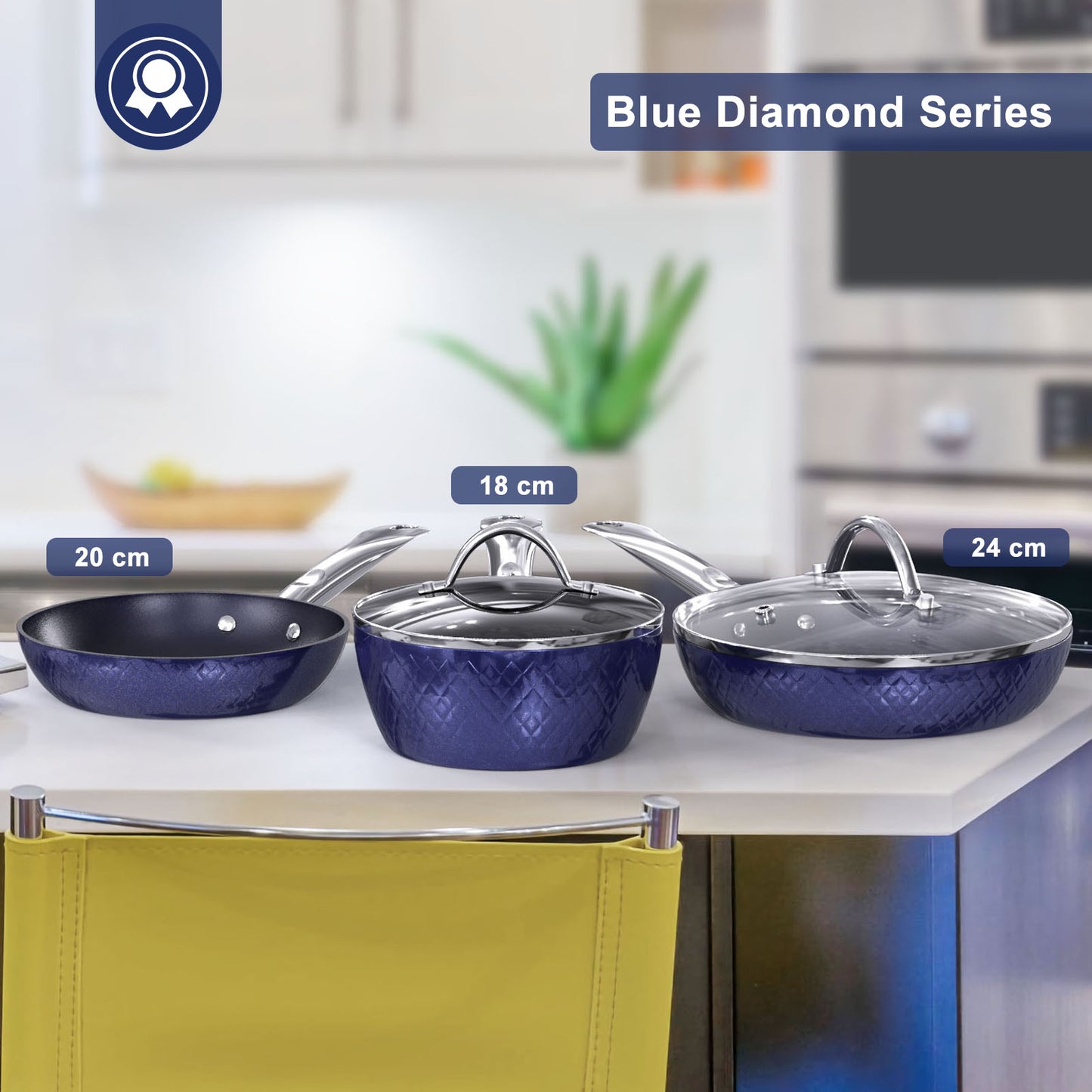 Frying Pan Sets Non Stick 3 Pieces Blue 3D Diamond Cookware