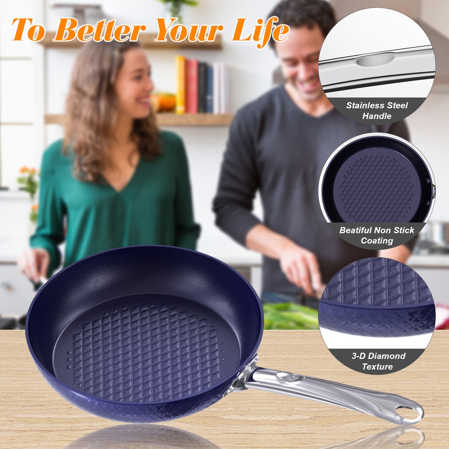 Frying Pan Sets Non Stick 3 Pieces Blue 3D Diamond Cookware