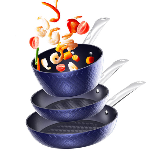 Frying Pan Sets Non Stick 3 Pieces Blue 3D Diamond Cookware