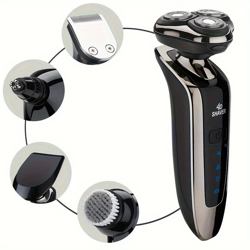 Rechargeable Full Body Washable Electric Shaver, For Men, With Nose And Sideburn Trimmers Plus Facial Cleansing Brush And Barber Heads - For A Smooth, Clean Shave. Rechargeable Full Body Washable Shaver, 3-Blade Head Shaver,