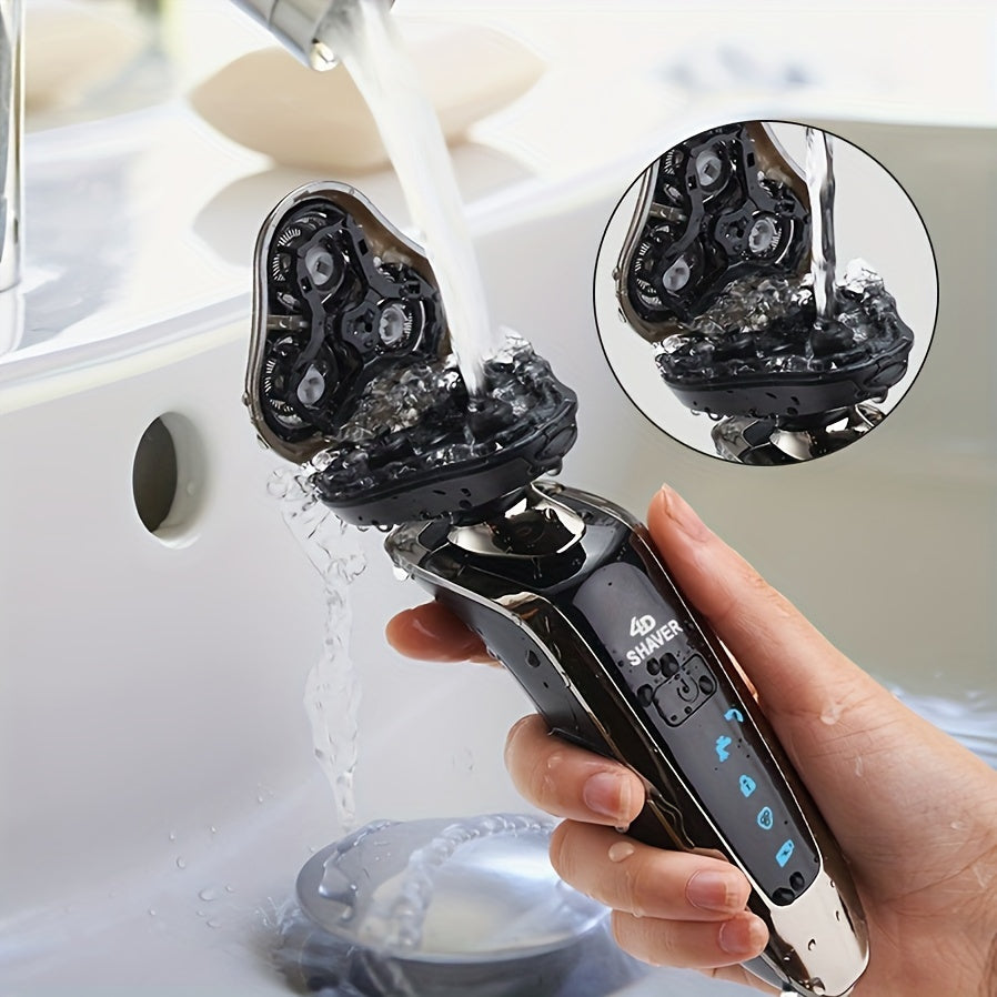 Rechargeable Full Body Washable Electric Shaver, For Men, With Nose And Sideburn Trimmers Plus Facial Cleansing Brush And Barber Heads - For A Smooth, Clean Shave. Rechargeable Full Body Washable Shaver, 3-Blade Head Shaver,