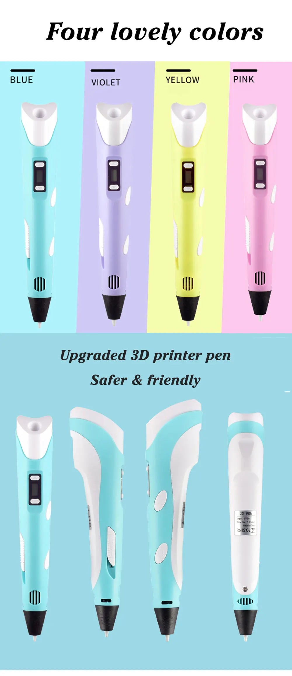 3D Pen For Children 3D Drawing Printing Pen with LCD Screen With PLA 1.75mm Filament Toys for Kids Christmas Birthday DIY Gift