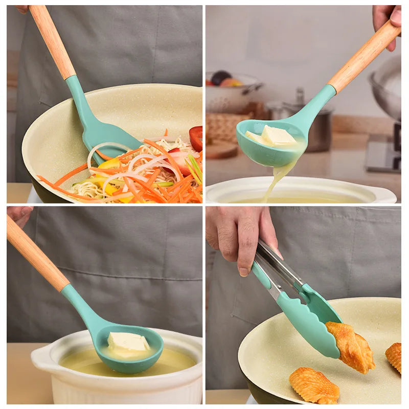 12Pcs Silicone Kitchen Utensils with Set Storage Bucket