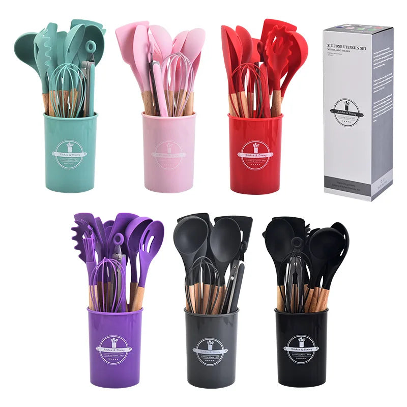 12Pcs Silicone Kitchen Utensils with Set Storage Bucket