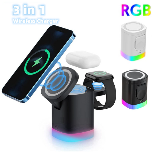 3 In 1 Magnetic Wireless Fast Charger For Smart Phone RGB Ambient Light Charging Station For Airpods and IWatch
