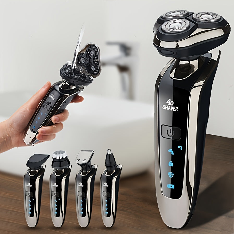 Rechargeable Full Body Washable Electric Shaver, For Men, With Nose And Sideburn Trimmers Plus Facial Cleansing Brush And Barber Heads - For A Smooth, Clean Shave. Rechargeable Full Body Washable Shaver, 3-Blade Head Shaver,