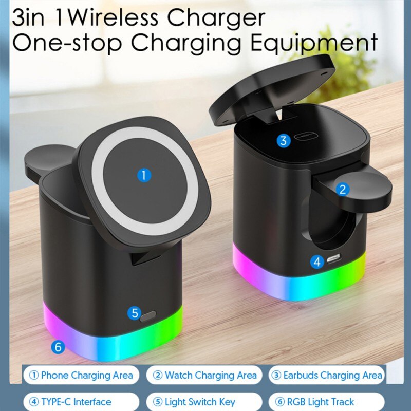 3 In 1 Magnetic Wireless Fast Charger For Smart Phone RGB Ambient Light Charging Station For Airpods and IWatch